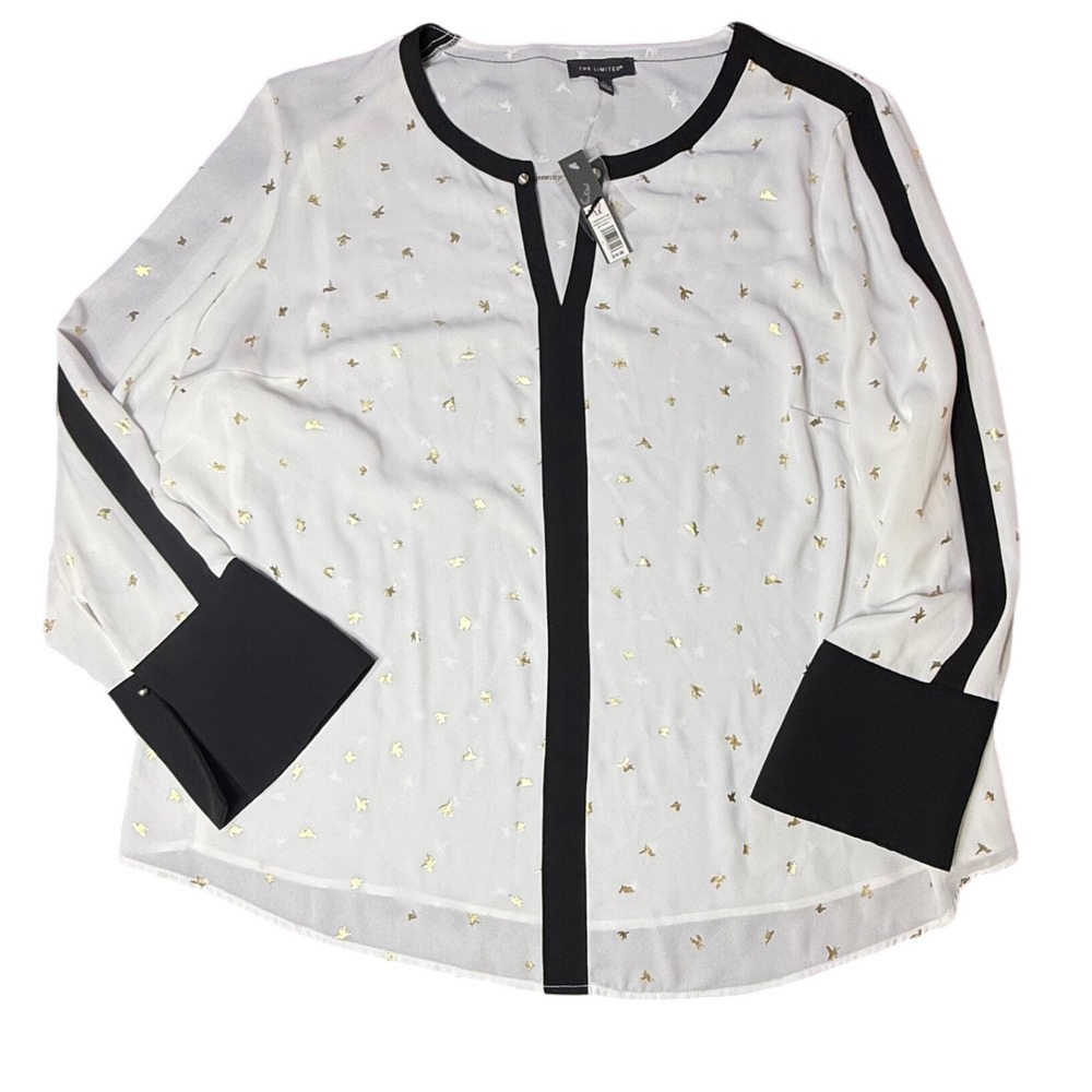 The Limited‎ 1X White Gold Star Print Black Trim Sheer Long Sleeve Blouse Top
